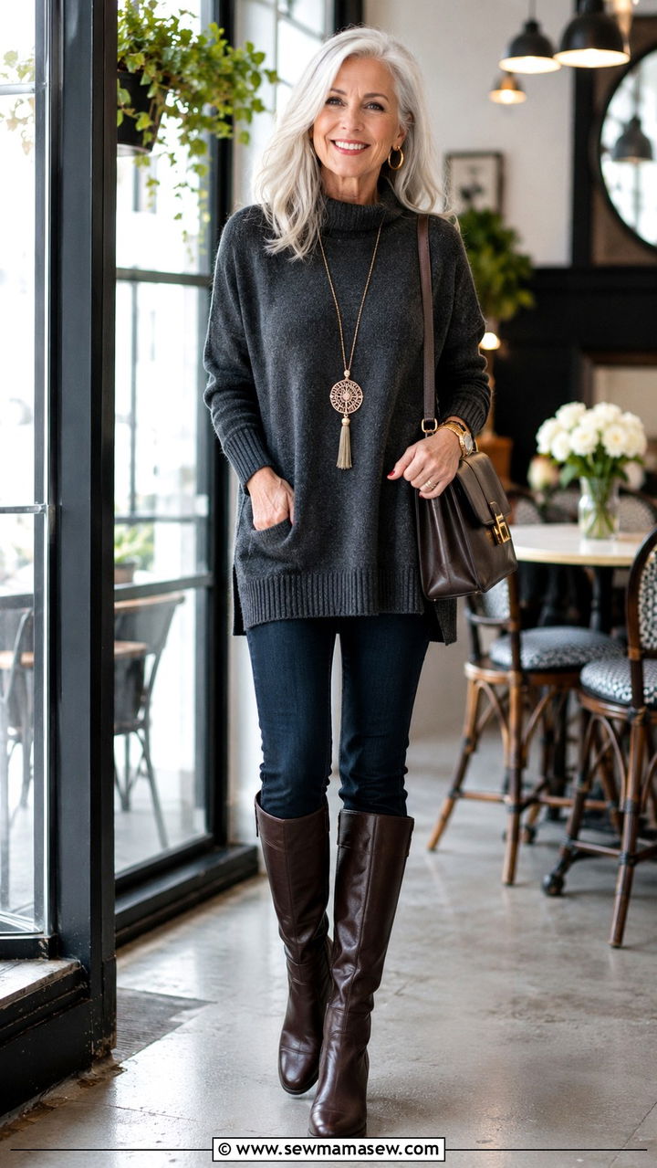 Skinny Jeans With Tunic Length Sweater And Knee High Boots - 20 How to style skinny jeans over 60
