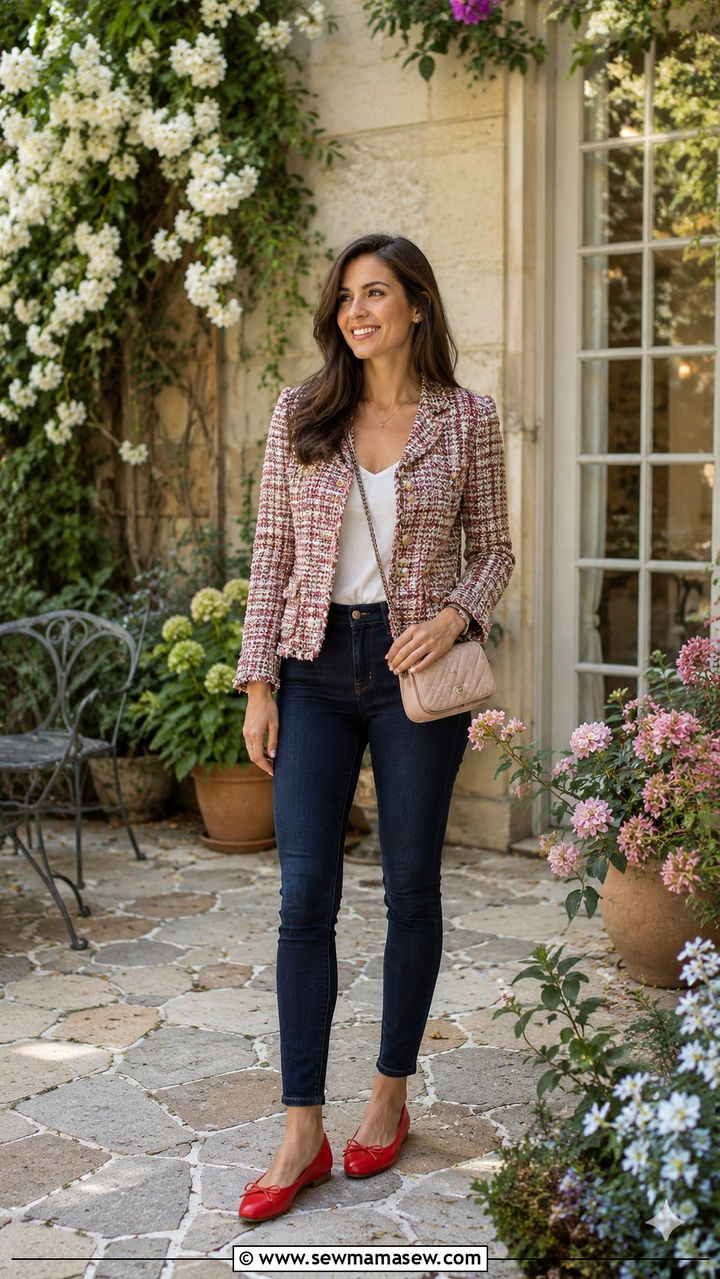 Skinny Jeans With Tweed Jacket and Ballet Flats - 30 Spring outfits with skinny jeans