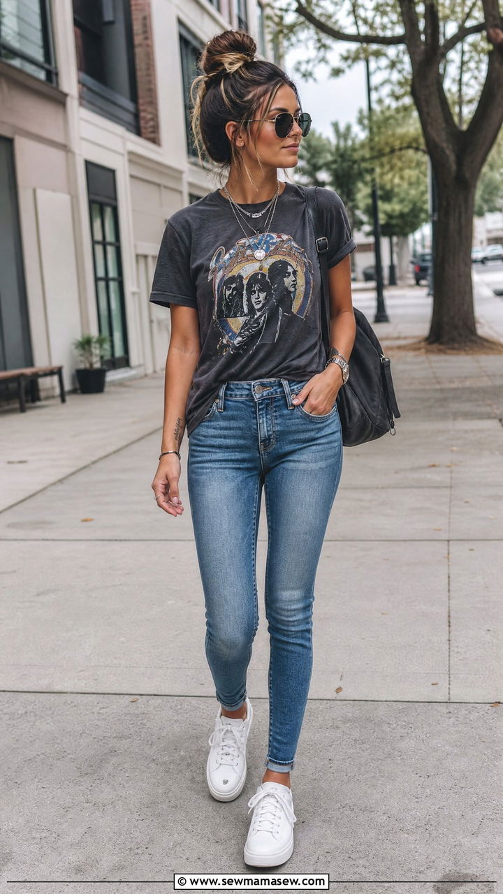 Skinny Jeans With Vintage Graphic Tee and Sneakers Outfit - 25 How to style skinny jeans in summer