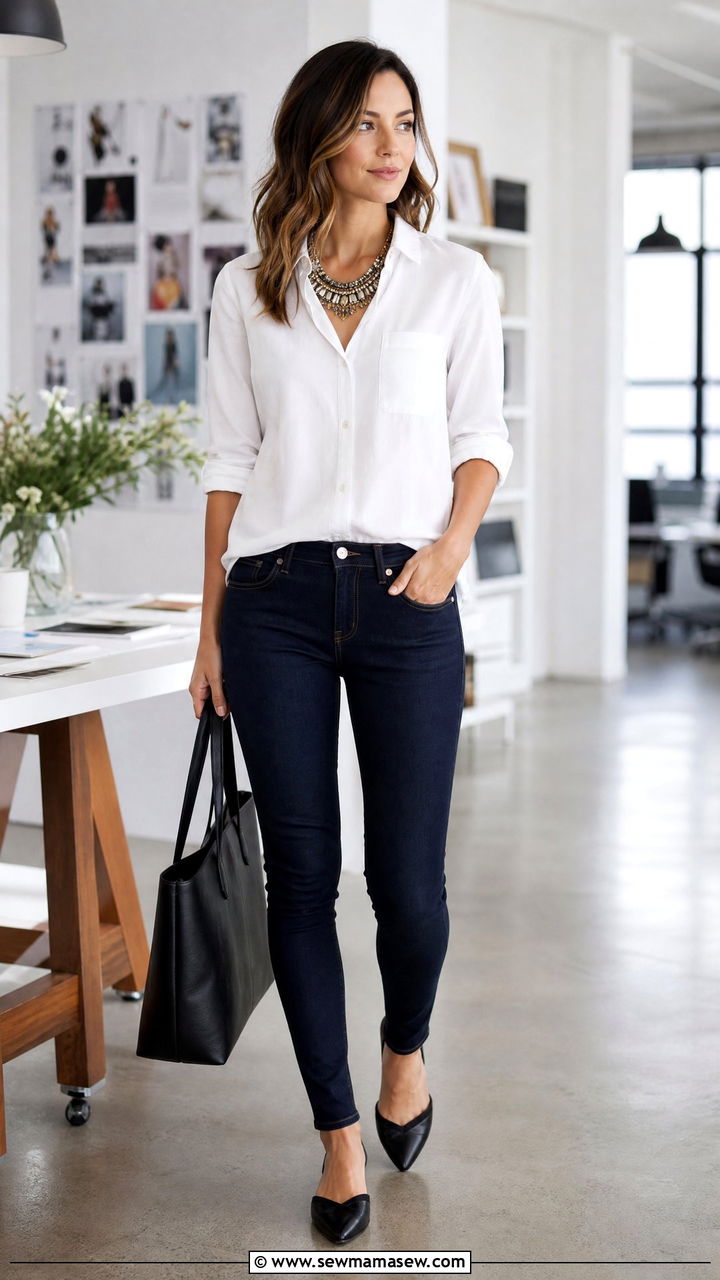 Skinny Jeans With White Button Up and Statement Necklace - 25 How to style skinny jeans for work
