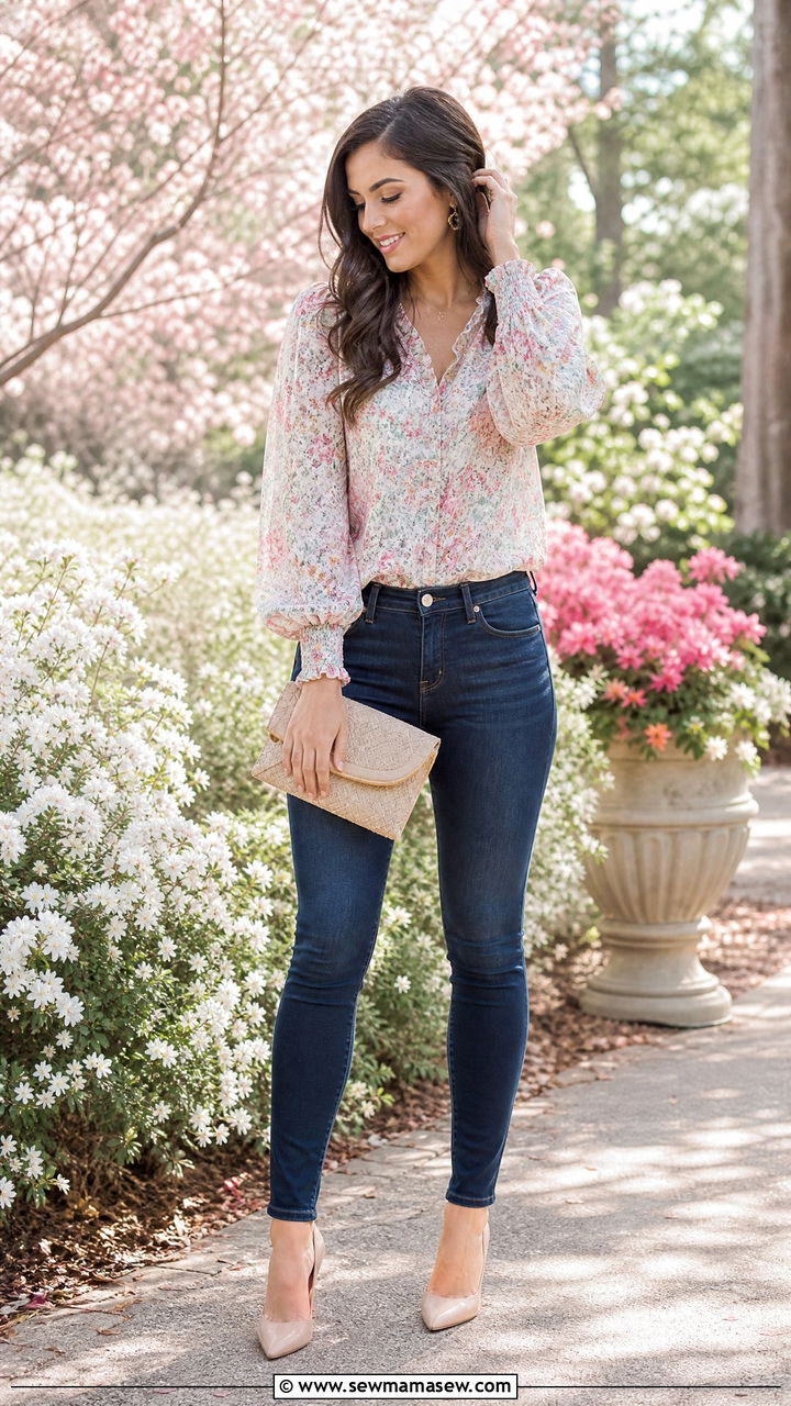 Skinny Jeans and Floral Blouse Spring Outfit - 25 How to style skinny jeans in spring