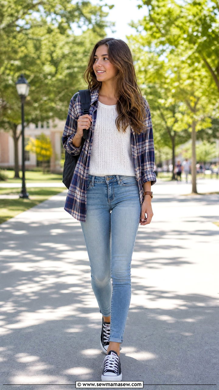 Skinny Jeans and Plaid Shirt School Outfit - 30 Summer outfits for school