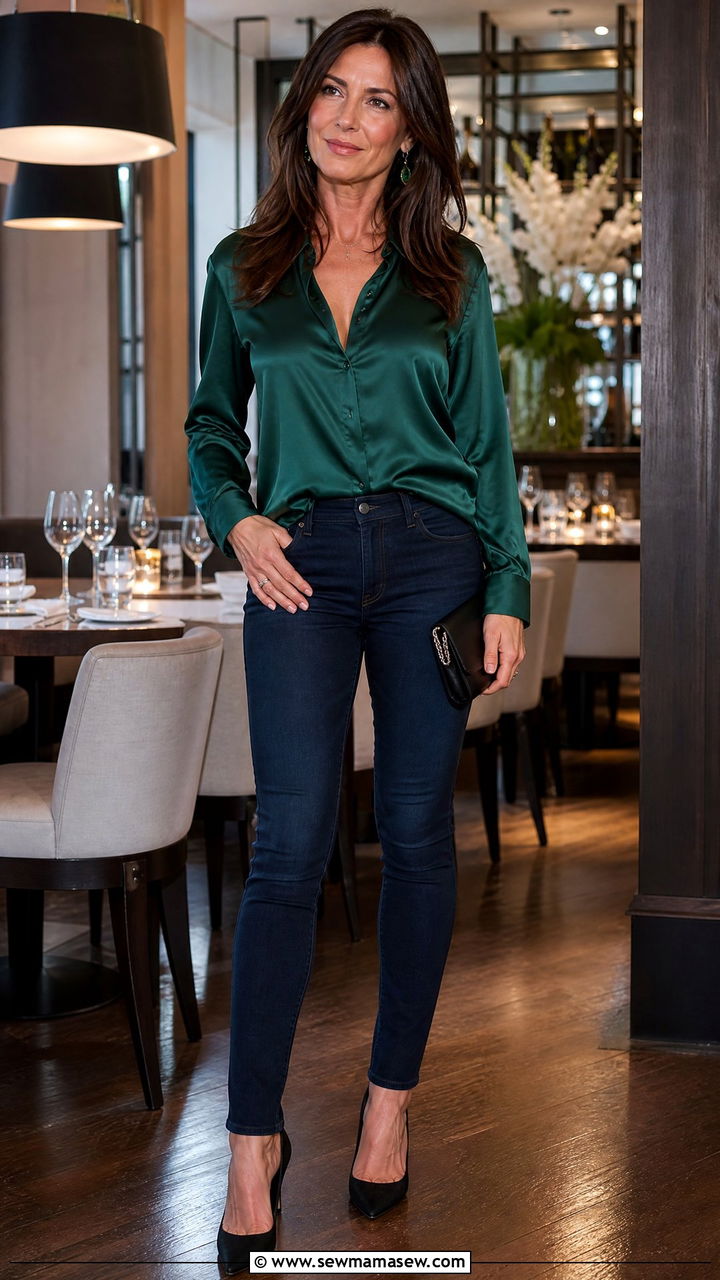 Skinny Jeans and Silk Blouse With Stiletto Pumps - 35 Jeans and heels outfit ideas over 40