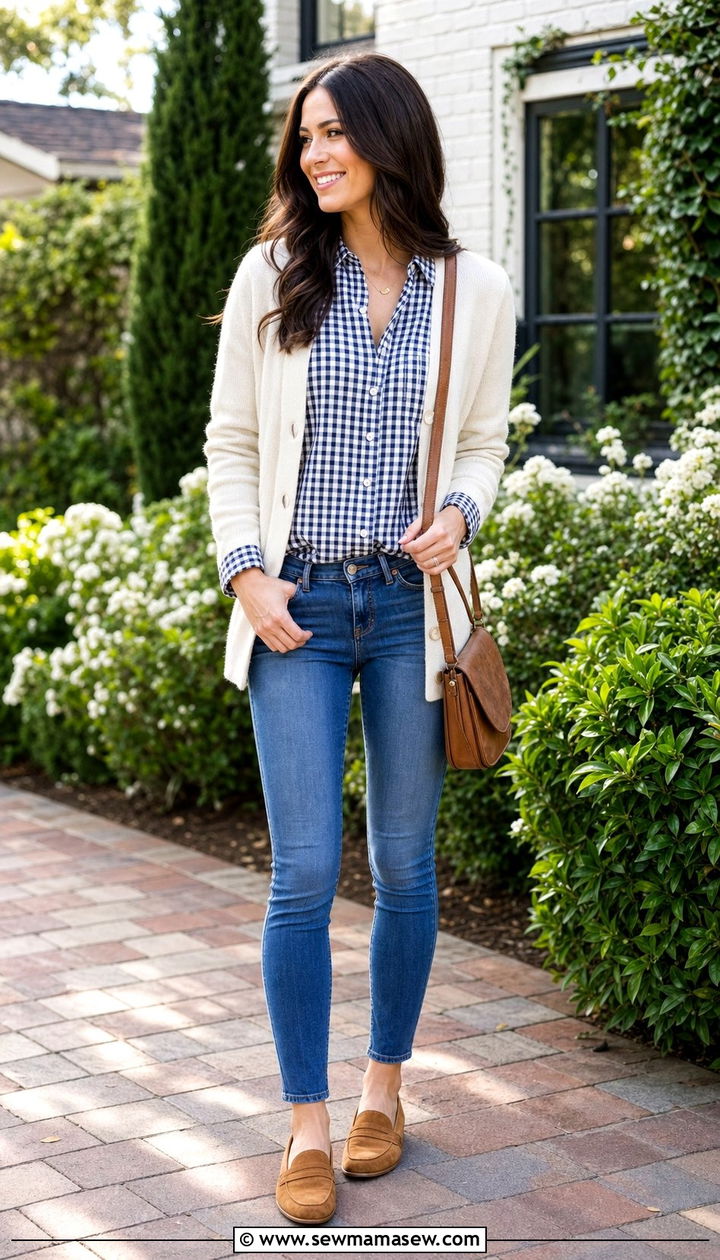 Skinny Jeans with Gingham Shirt Cardigan and Loafers - 25 Skinny jeans outfit ideas with loafers