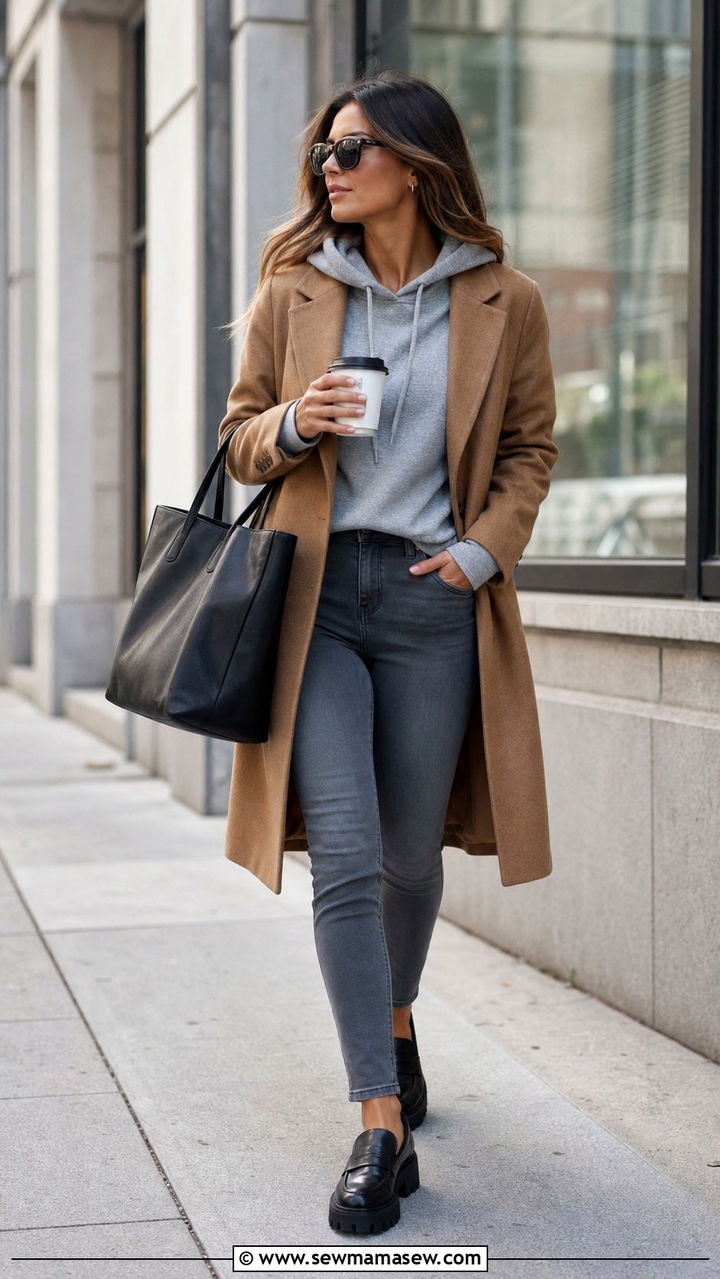 Skinny Jeans with Hoodie Wool Coat and Chunky Loafers - 25 Skinny jeans outfit ideas with loafers