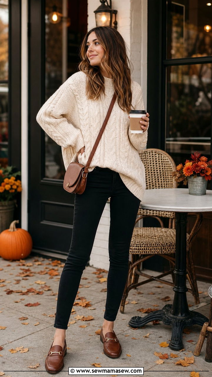 Skinny Jeans with Oversized Chunky Knit Sweater and Loafers - 25 Skinny jeans outfit ideas with loafers