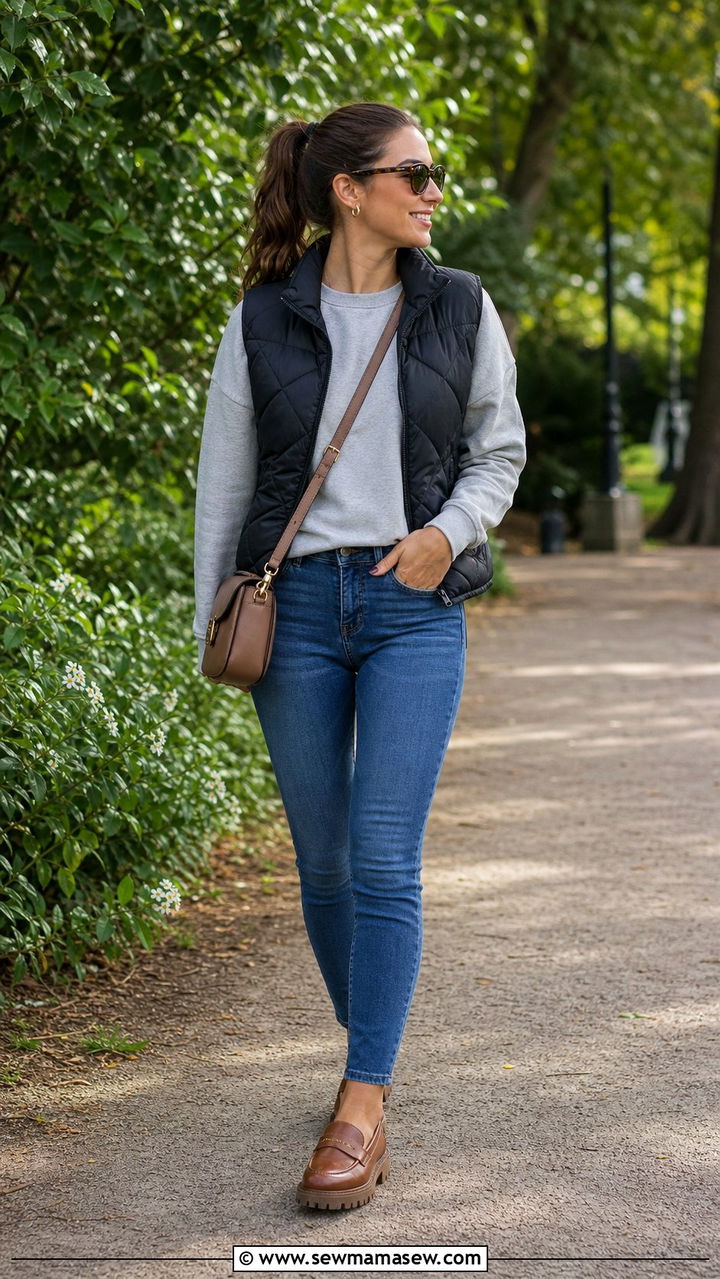 Skinny Jeans with Puffer Vest Sweatshirt and Loafers - 25 Skinny jeans outfit ideas with loafers