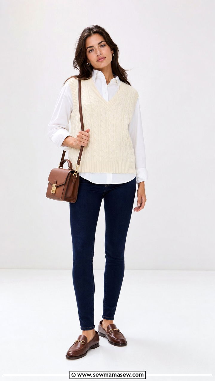Skinny Jeans with Sweater Vest Button Down and Loafers - 25 Skinny jeans outfit ideas with loafers
