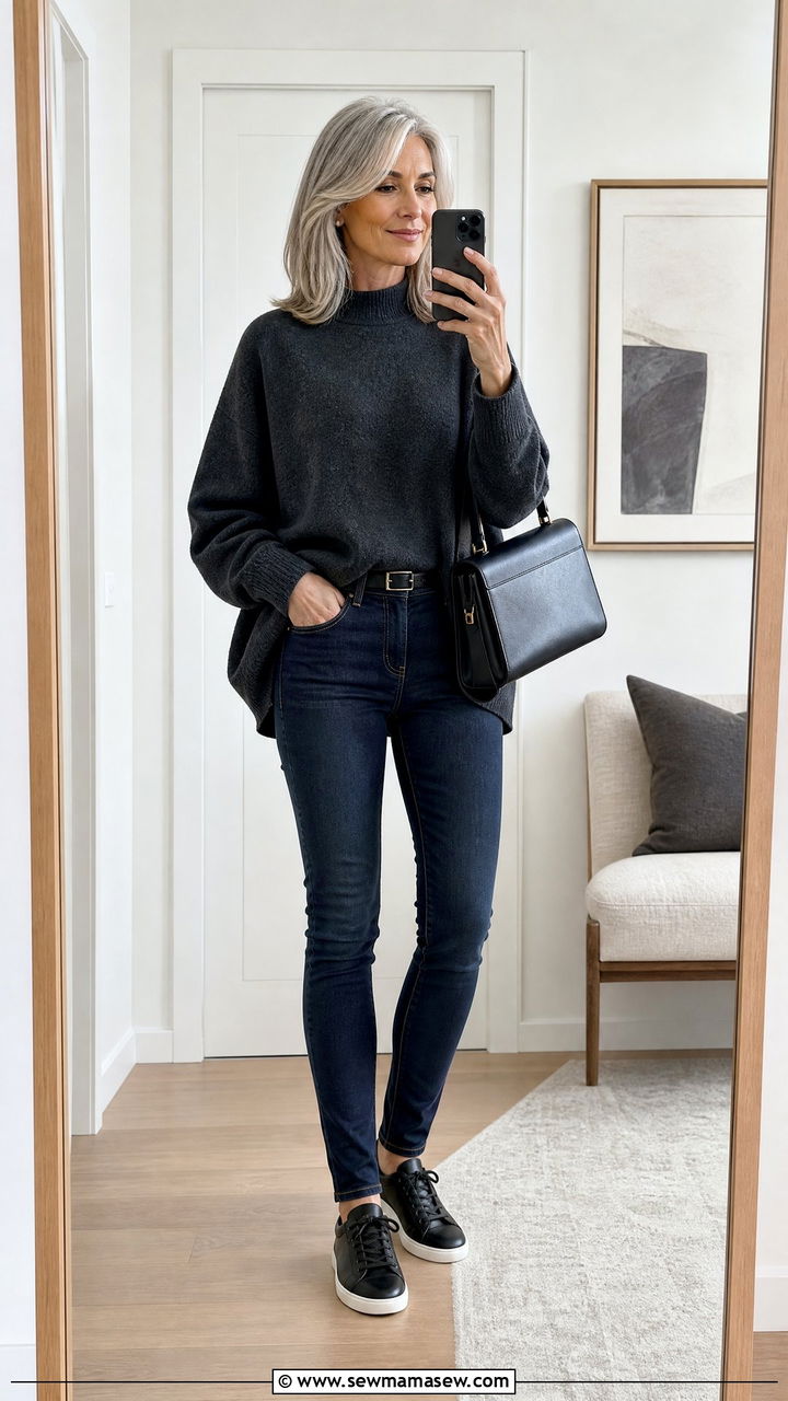 Skinny jeans and sleek sneakers outfit - 35 Jeans and sneakers outfit ideas over 50