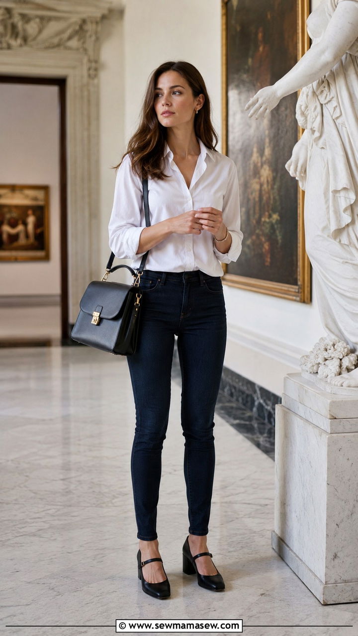 Skinny jeans with Mary Jane heels and preppy blouse - 30 Skinny jeans outfit ideas with heels