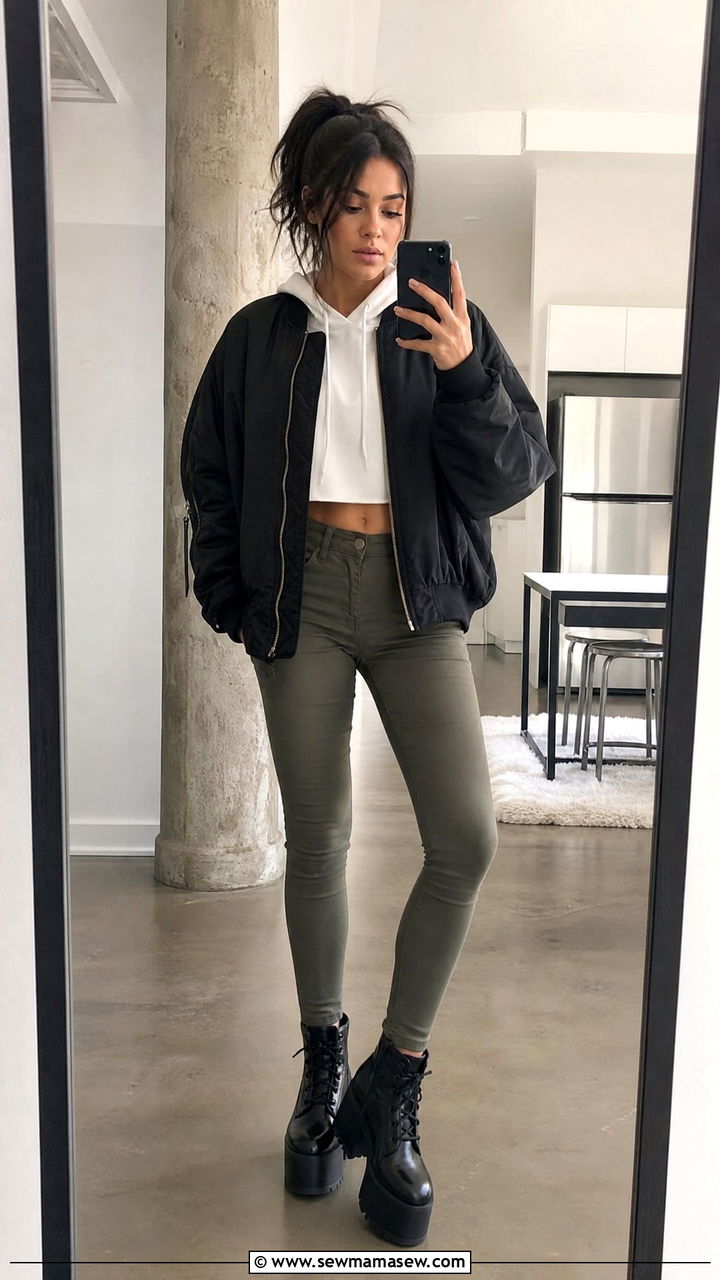 Skinny jeans with a bomber jacket and platform boots - 35 How to style skinny jeans