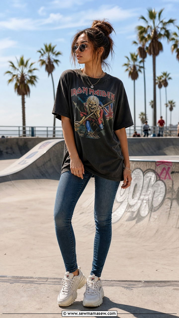 Skinny jeans with a graphic tee and chunky dad sneakers - 35 How to style skinny jeans