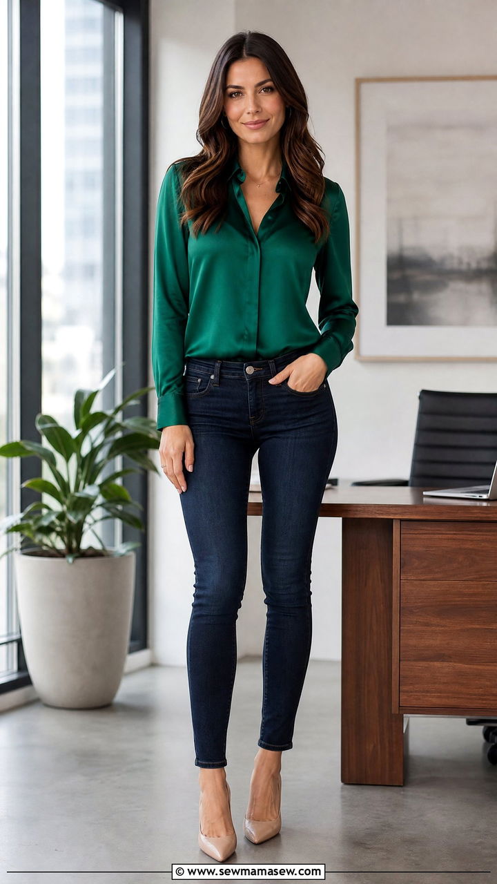 Skinny jeans with a silk blouse and pointed toe pumps - 35 How to style skinny jeans