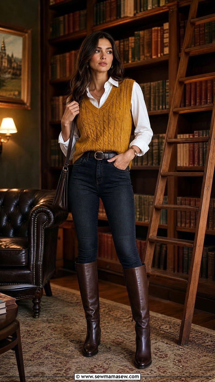 Skinny jeans with a sweater vest and knee high boots - 35 How to style skinny jeans