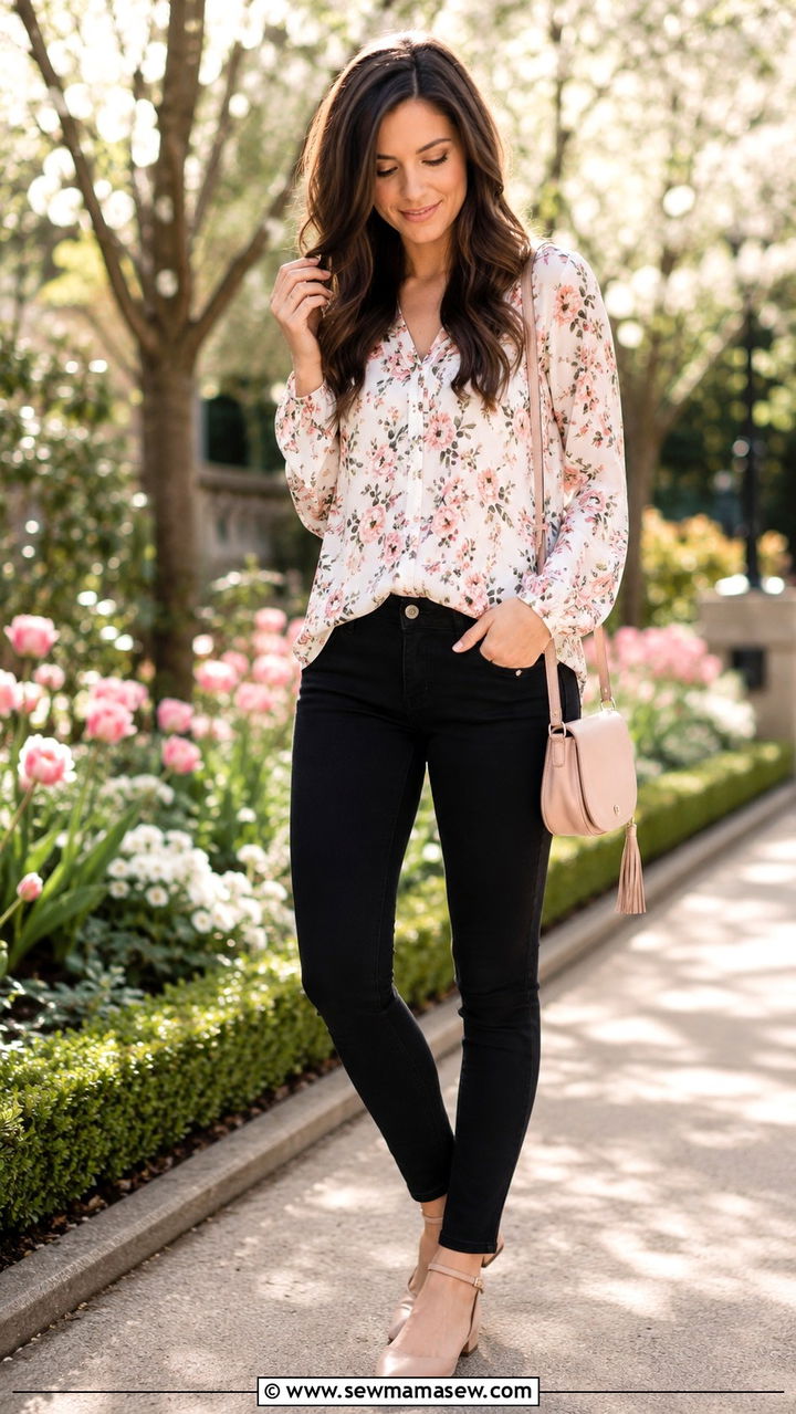 Skinny jeans with floral blouse and ankle strap flats - 30 Skinny jeans outfit ideas with flats