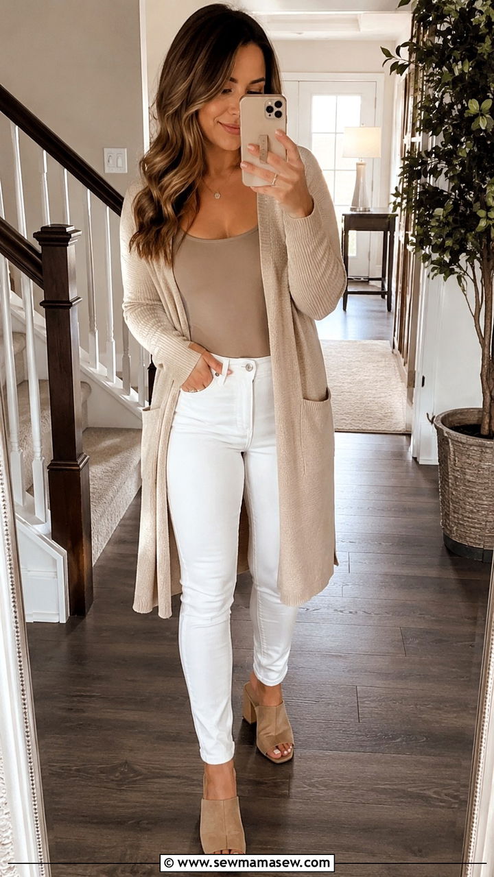 Skinny jeans with mule heels and long cardigan - 30 Skinny jeans outfit ideas with heels