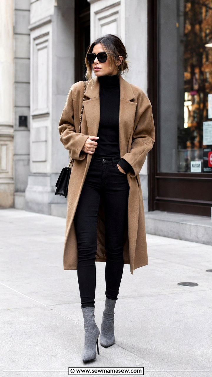Skinny jeans with sock booties and oversized coat - 30 Skinny jeans outfit ideas with heels
