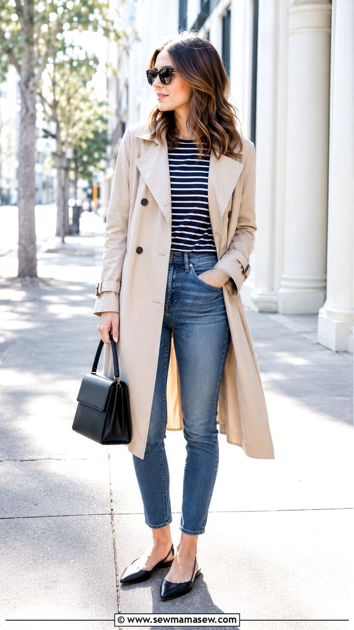 Skinny jeans with trench coat and slingback flats - 30 Skinny jeans outfit ideas with flats