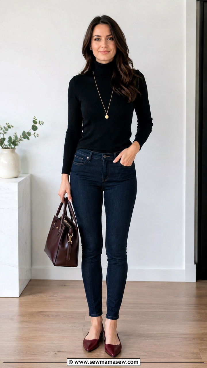 Skinny jeans with turtleneck and pointed toe flats - 30 Skinny jeans outfit ideas with flats
