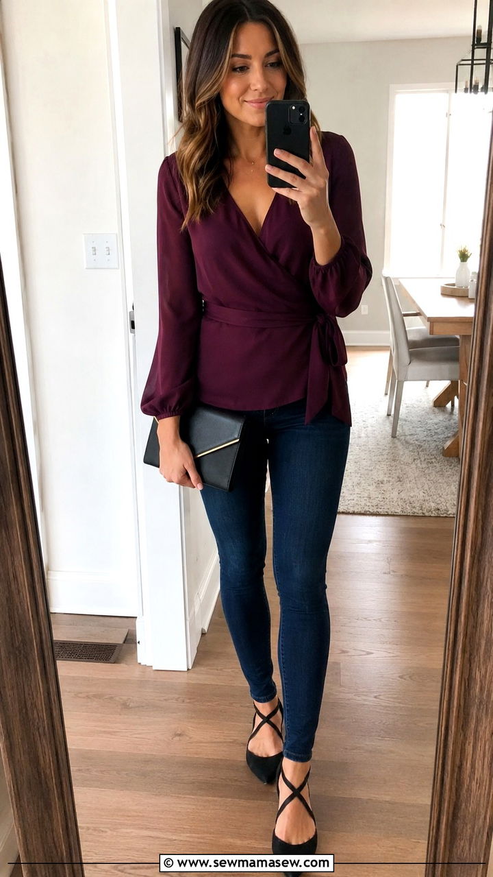 Skinny jeans with wrap top and crisscross flats - 30 Skinny jeans outfit ideas with flats