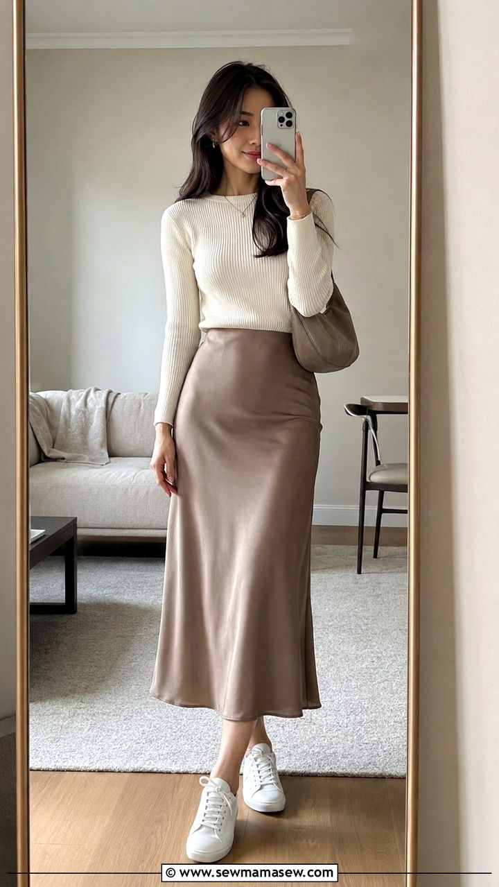Skirt and knit top travel outfit for petite women - 25 Petite travel capsule wardrobe