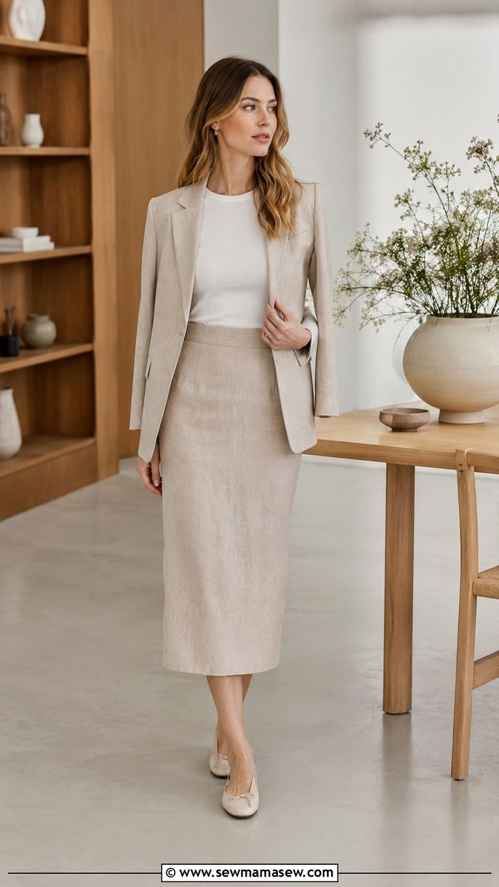 Skirt suit with white top and ballet flats - 30 spring scandinavian outfits