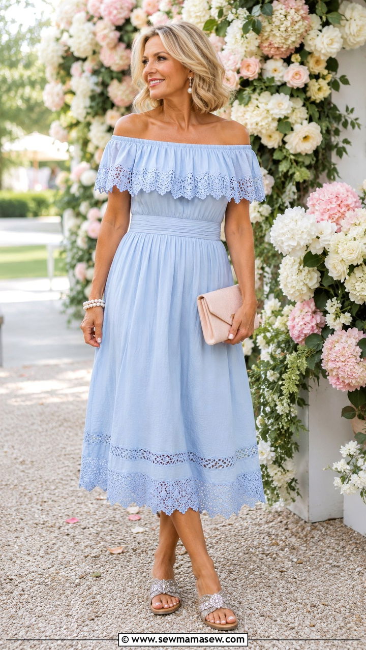 Sky Blue Off Shoulder Dress Wedding Guest - 25 Wedding guest outfit ideas for 50 year old