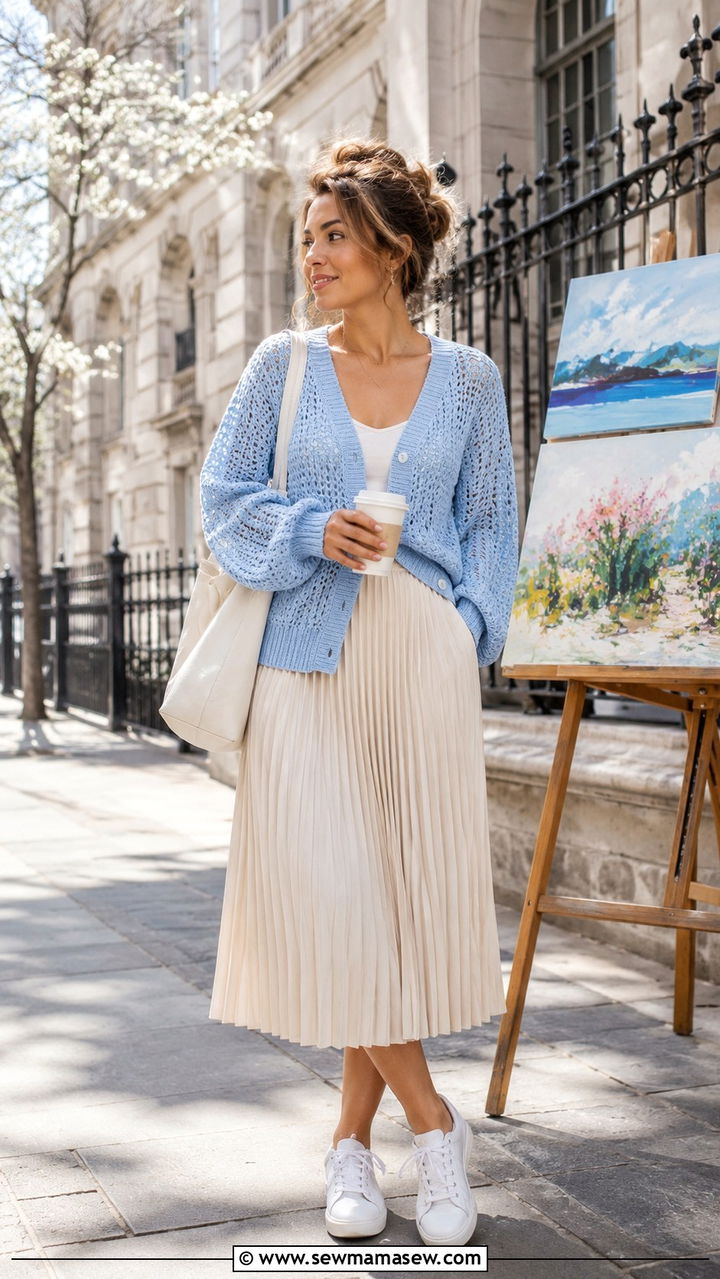 Sky Blue Open Knit Cardigan with a Pleated Midi Skirt and White Sneakers - 30 Spring outfits with cardigans
