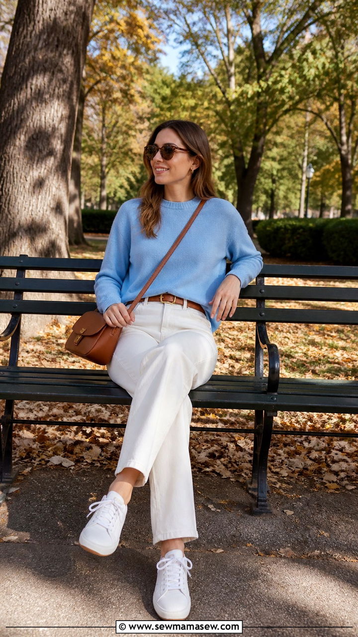 Sky Blue Sweater With Cream Jeans Outfit - 40 Sky blue outfit ideas