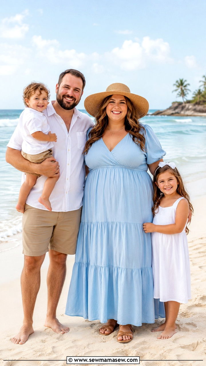 Sky Blue Tiered Maxi Dress With Straw Hat - 30 Plus size outfit ideas for family photos