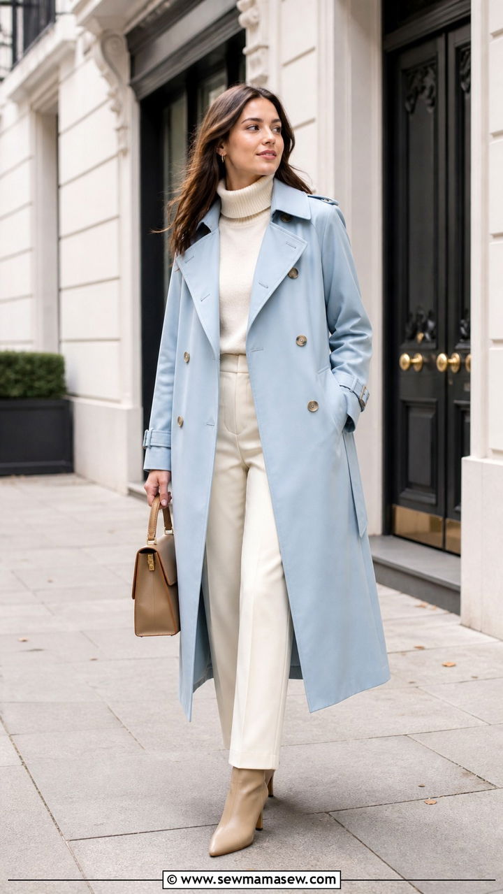 Sky Blue Trench Coat With Cream Layers Outfit - 40 Sky blue outfit ideas