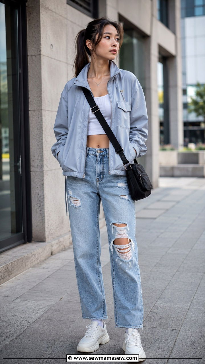 Sky Gray Zip Up Windbreaker With White Crop Top And Ripped Straight Leg Jeans - 30 casual windbreaker outfits