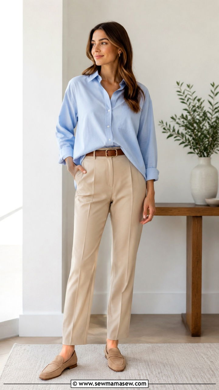 Sky blue button down shirt with beige trousers - 30 Spring sky blue outfit ideas
