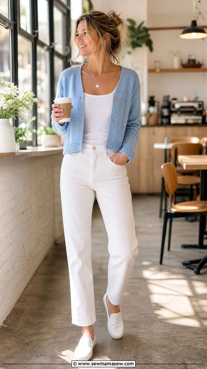 Sky blue cardigan with white jeans - 30 Spring sky blue outfit ideas