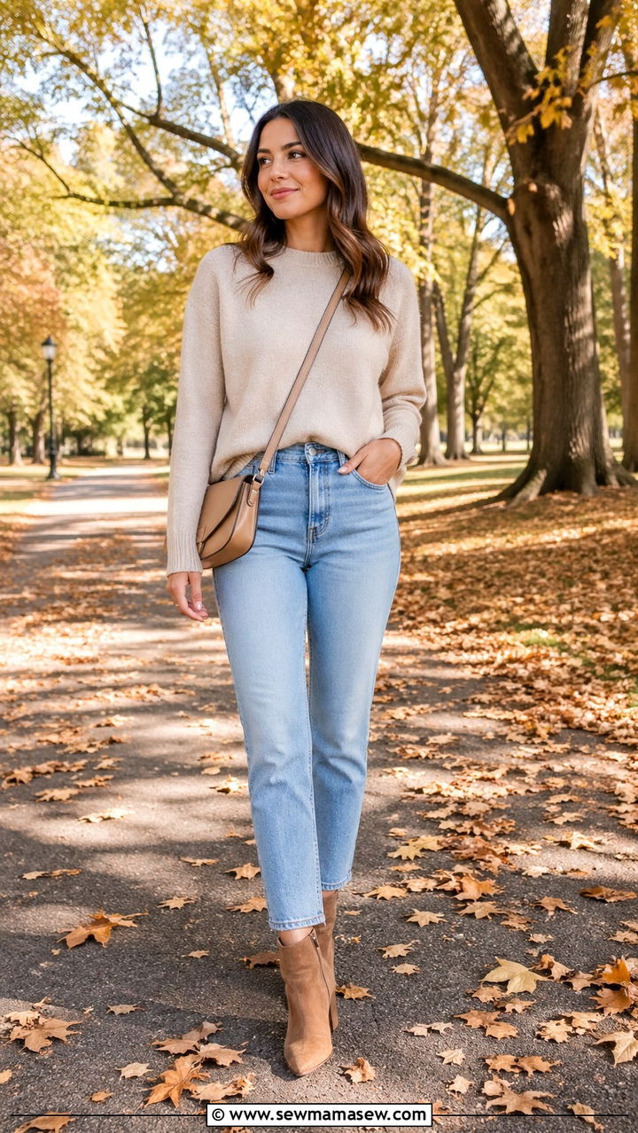 Sky blue jeans with beige sweater - 40 All sky blue outfit ideas