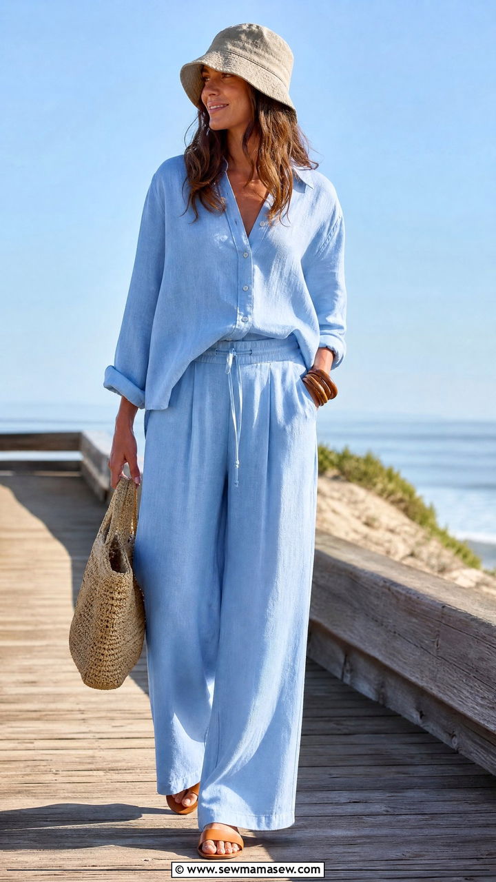 Sky blue linen two piece set - 30 Spring sky blue outfit ideas