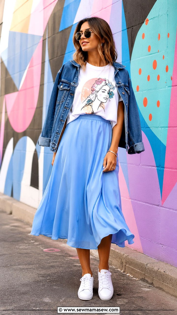 Sky blue midi skirt with graphic tee - 40 All sky blue outfit ideas