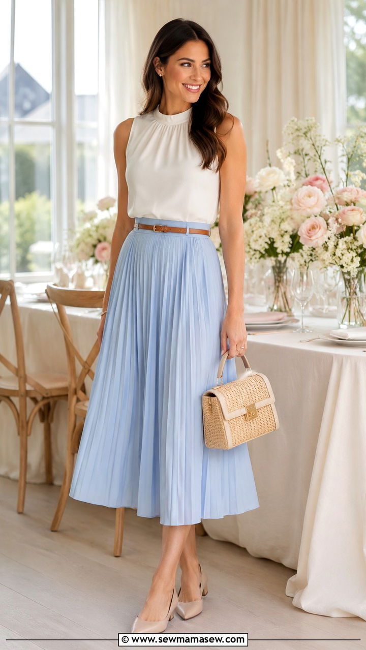 Sky blue midi skirt with white top - 30 Spring sky blue outfit ideas