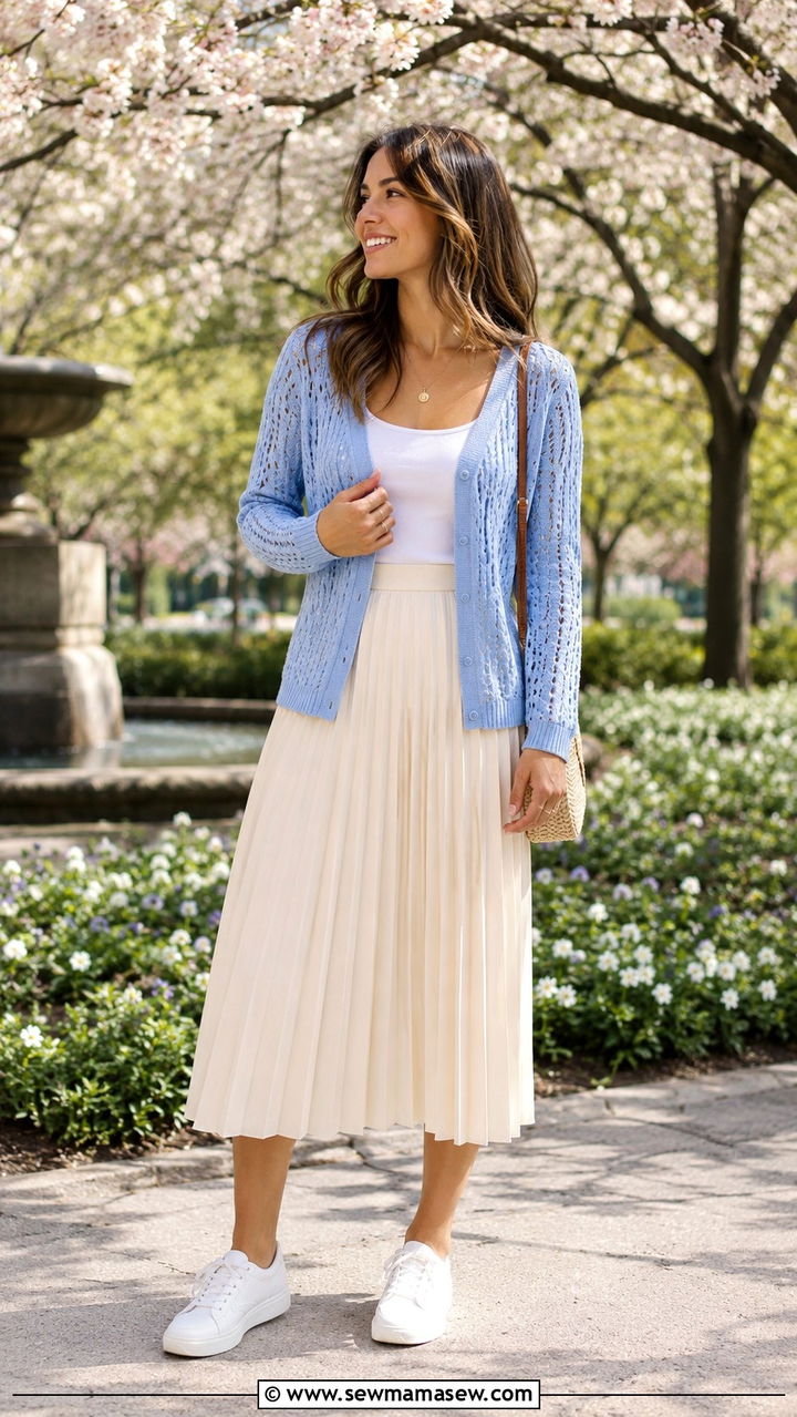 Sky blue open knit cardigan with pleated midi skirt - 30 Spring outfits with cardigan