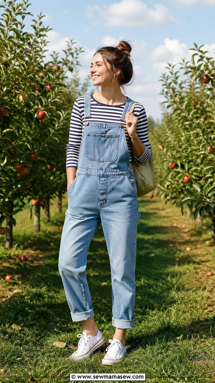 Sky blue overalls with striped tee - 40 All sky blue outfit ideas
