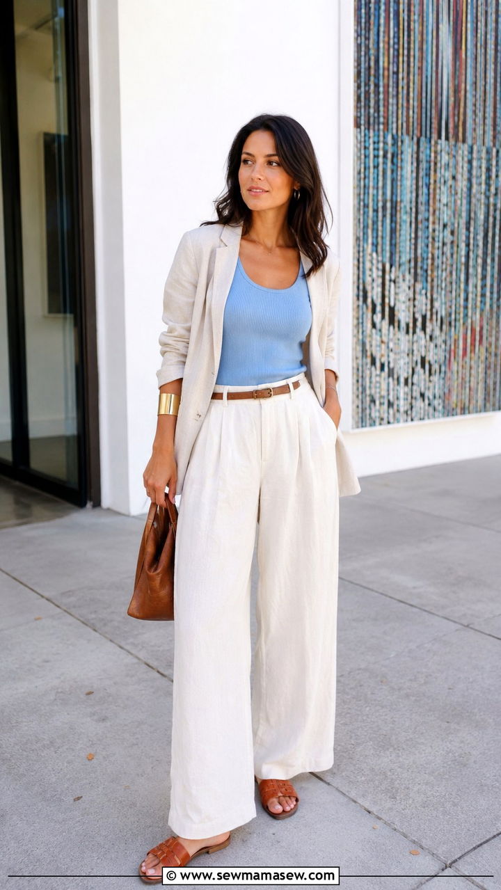 Sky blue tank top with wide leg pants - 30 Spring sky blue outfit ideas