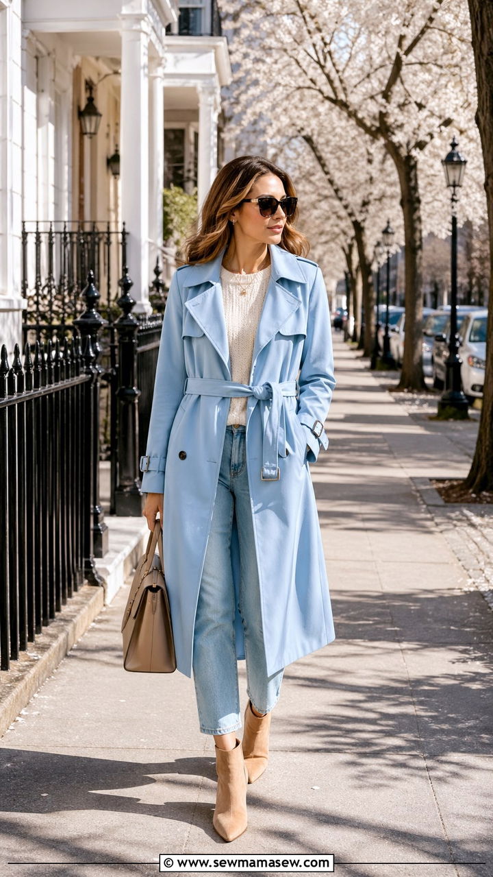 Sky blue trench coat with cream knit - 40 All sky blue outfit ideas