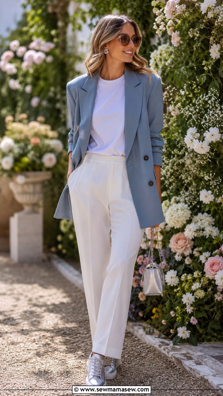 Slate Blue Oversized Blazer With White Tee and White Trousers - 30 Oversized blazer outfit ideas with a t-shirt