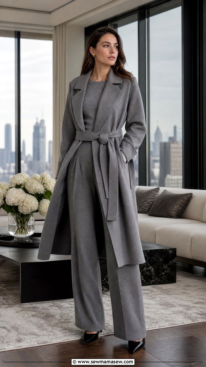 Slate Gray Double Face Wool Coat and Wide Leg Trouser Set - 30 Matching set outfit ideas old money