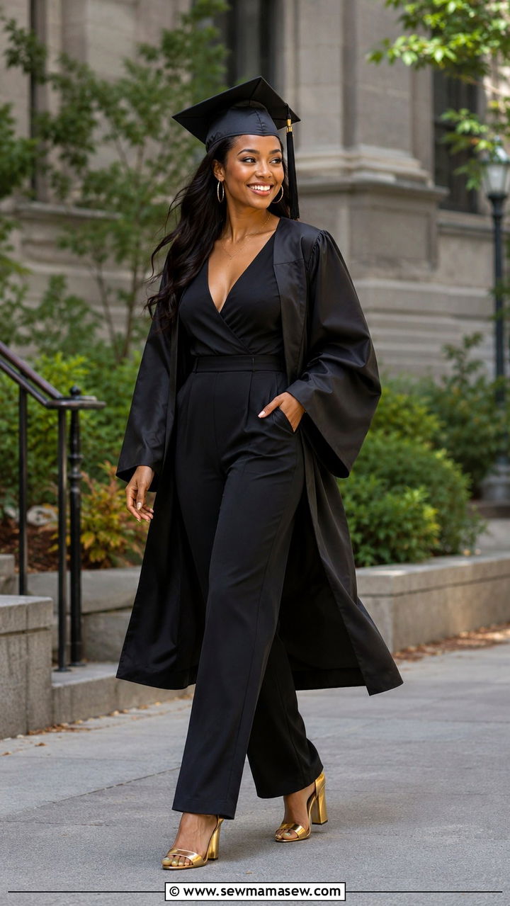 Sleek Black Jumpsuit with Gold Block Heels - 30 Graduation cap and gown outfit ideas