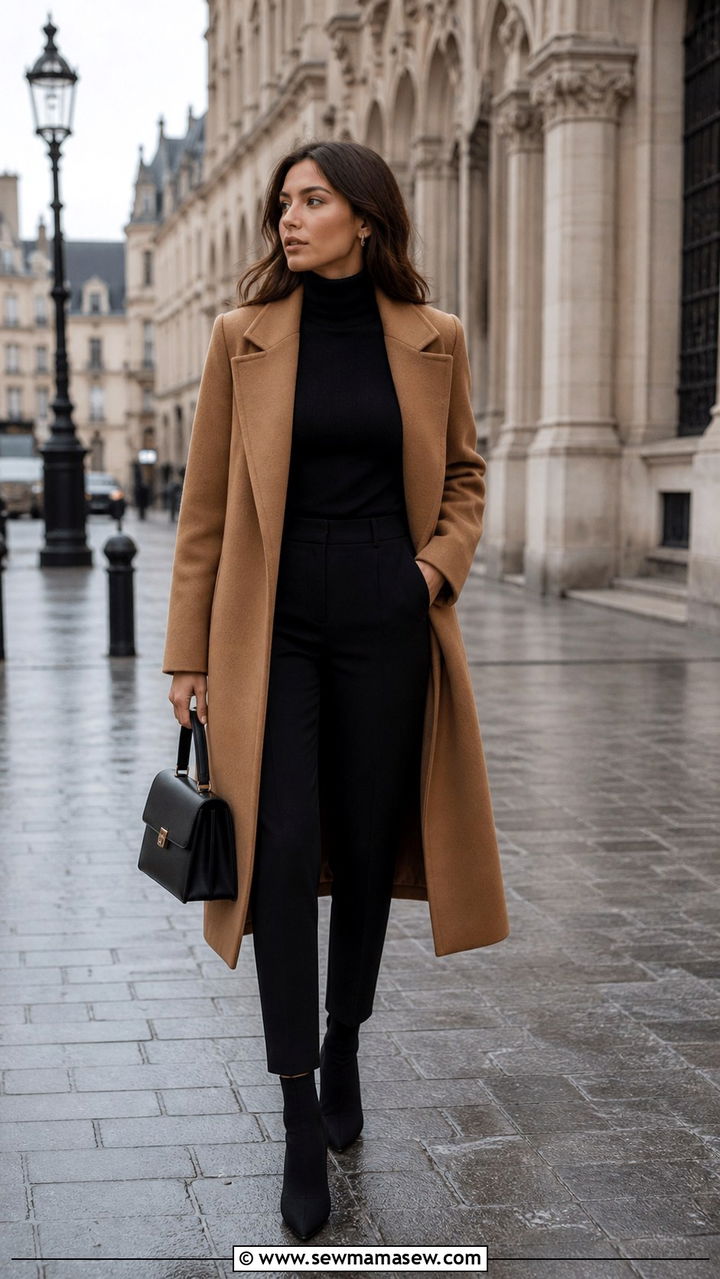 Sleek Black Turtleneck With Tailored Cigarette Trousers And Statement Coat - 20 Antwerp outfit ideas