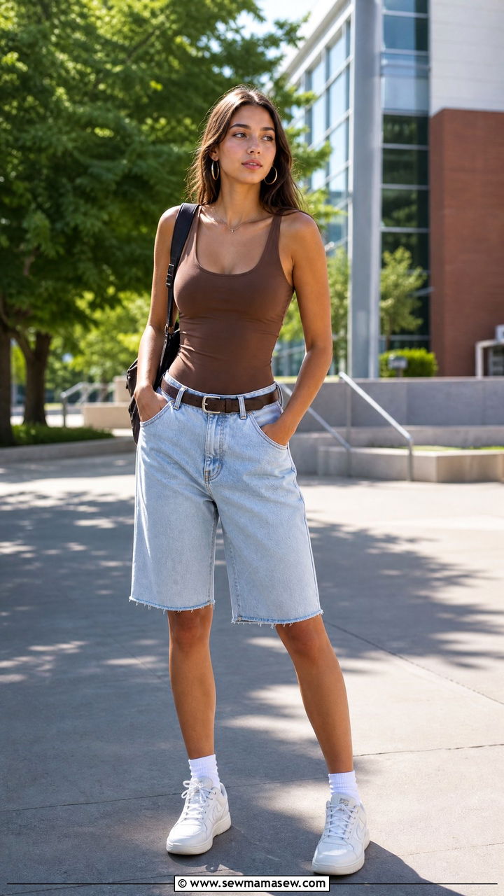 Sleek Bodysuit With Long Denim Shorts - 30 School outfit ideas for teens hot weather
