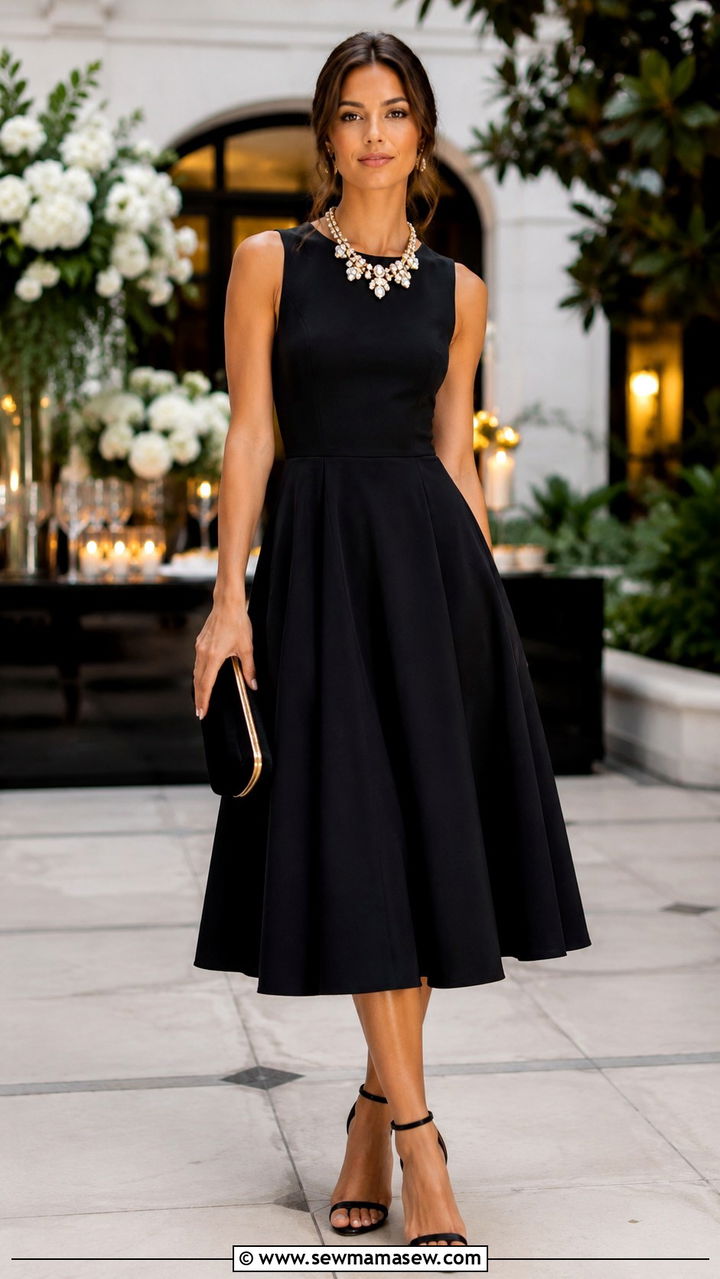 Sleeveless A Line Dress with Statement Necklace - 25 Wedding guest outfit ideas A line dress