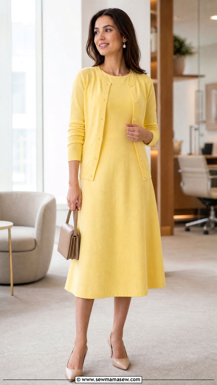 Sleeveless A Line Midi Dress With Cardigan And Slingbacks - 30 summer outfits for office women