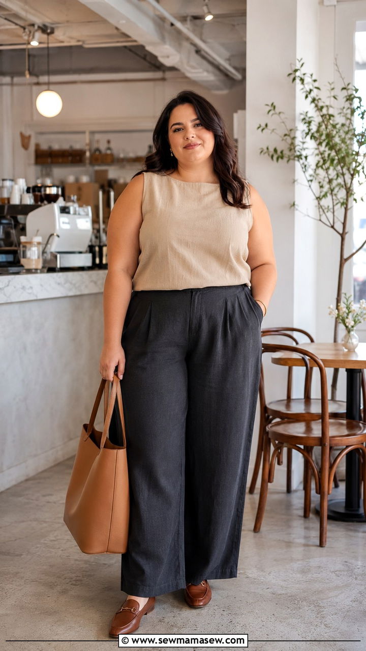 Sleeveless Beige Top And Wide Leg Trousers - 25 Plus size outfit ideas size 16 summer